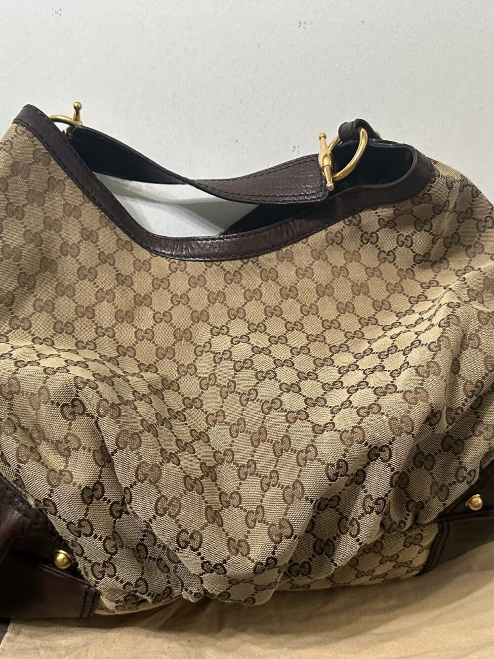 Authentic Gucci GG Monogram Canvas Horsebit Hobo Bag Brown Beige